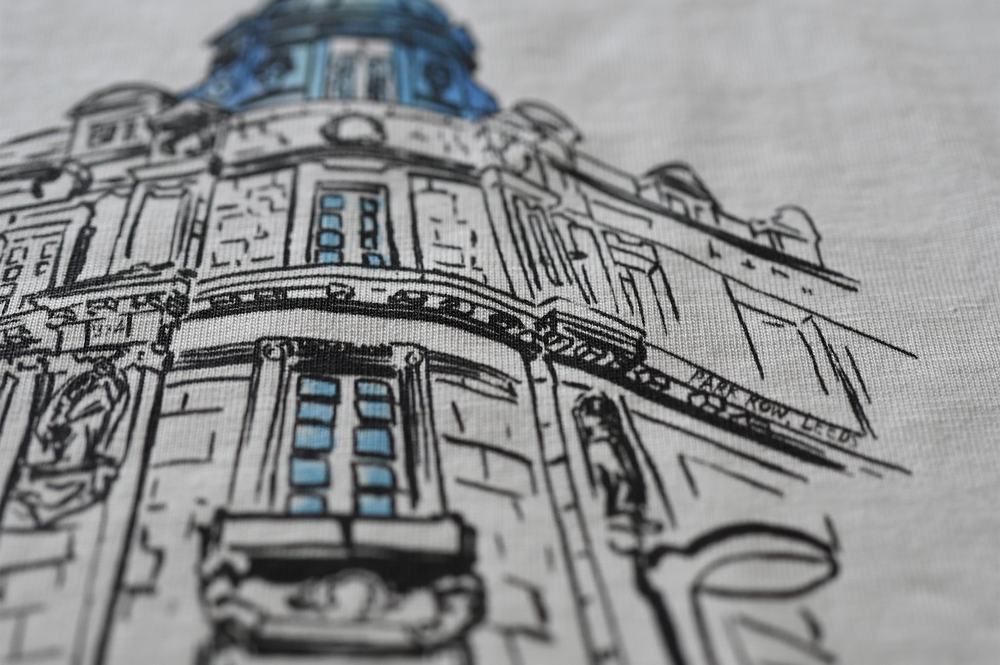 close up hand-drawn Leeds cityscape T-shirt from real original photography