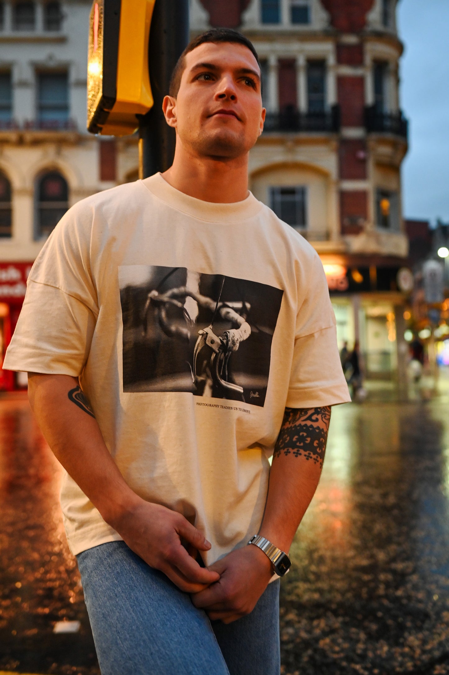 vintage bike street photography t-shirt featuring a high-quality print of an original photo taken at Leeds Dock