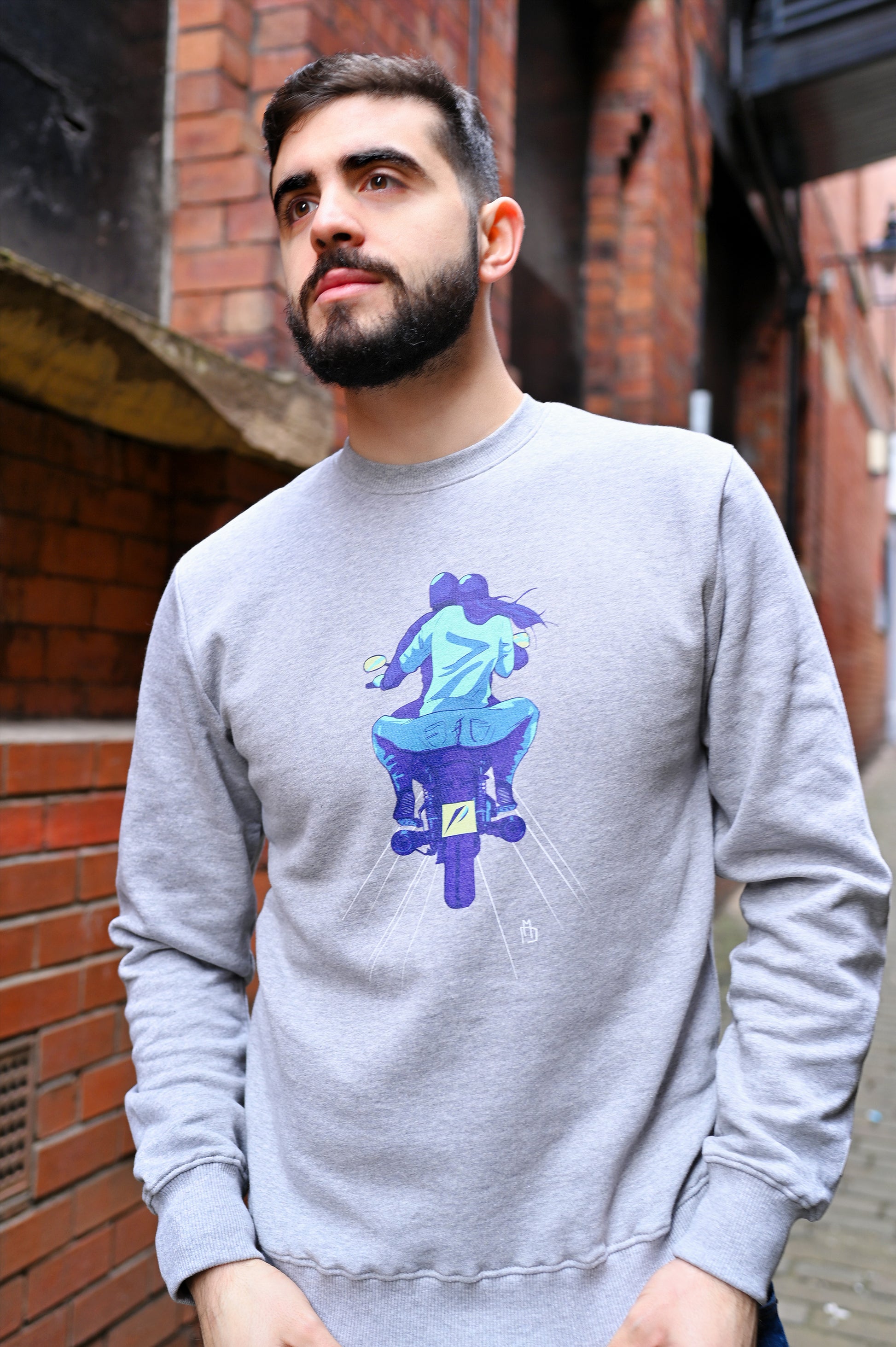 Hand-Drawn Illustration grey Sweatshirt Made from 100% organic cotton with unique design of two friends on a motorbike