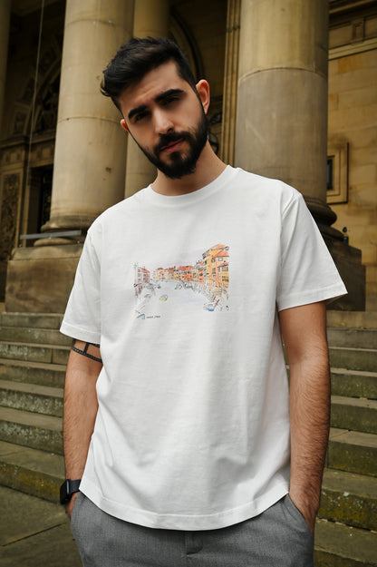 high-quality hand drawn original t-shirt design featuring a stunning photo from Venice