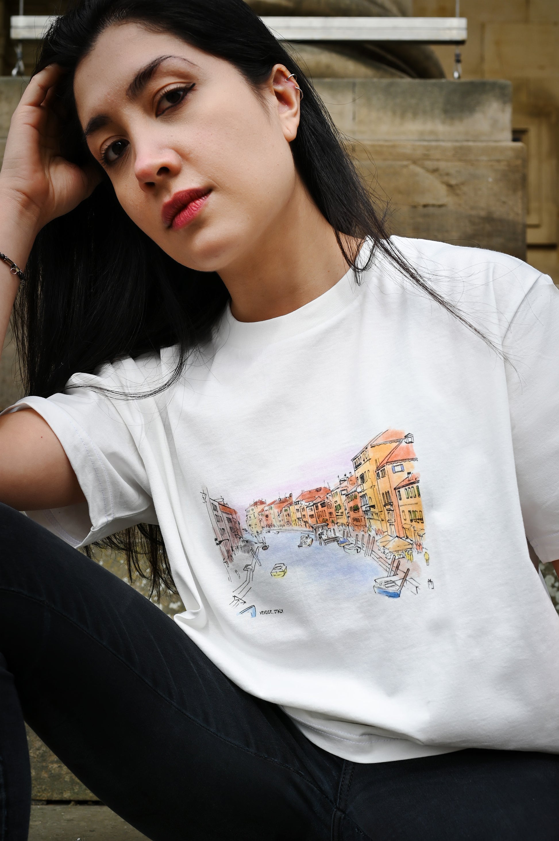 high-quality hand drawn original t-shirt design featuring a stunning photo from Venice