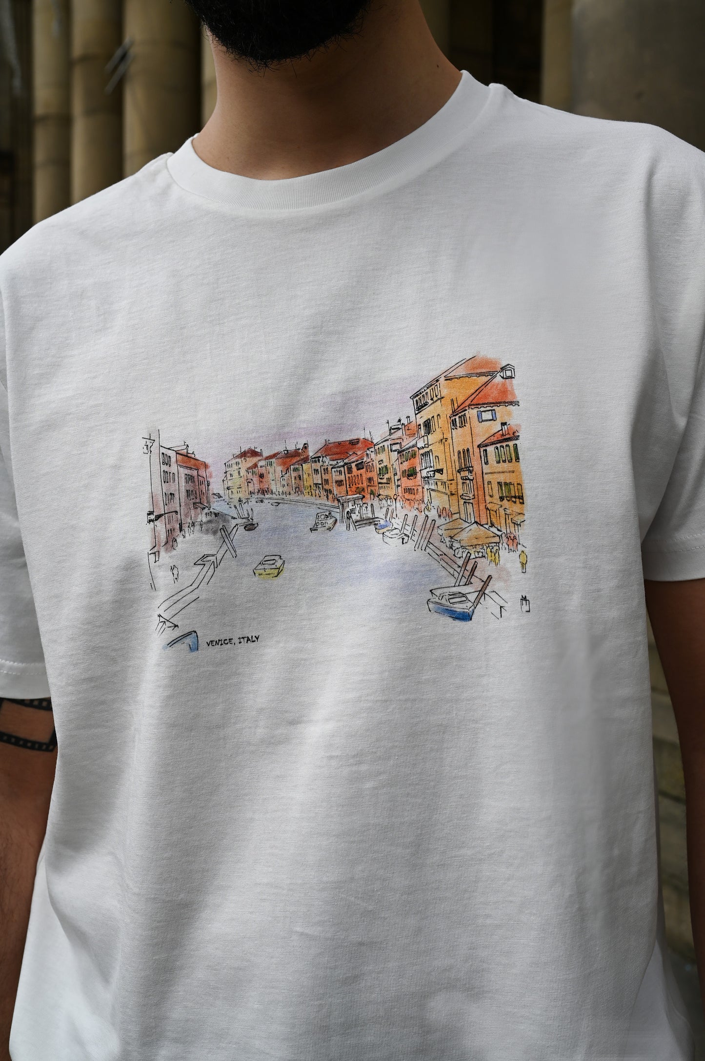 high-quality hand drawn original t-shirt design featuring a stunning photo from Venice