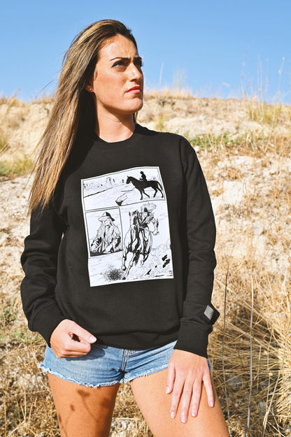 bkack sweartshirt with comic book print of worrior on horseback in the wild