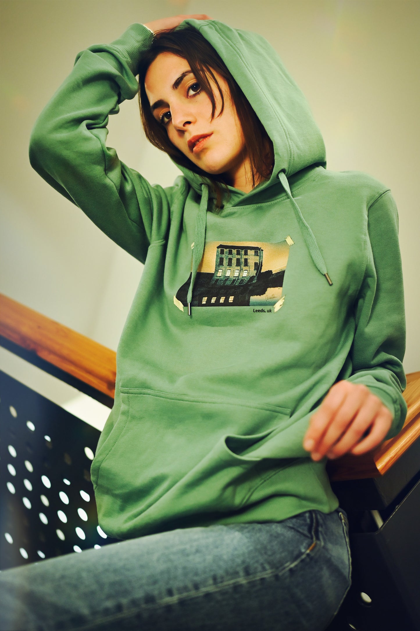 Hoodie featuring an original photography design of a charming house during the last moments of sunset, this hoodie is made with 100% combed organic cotton