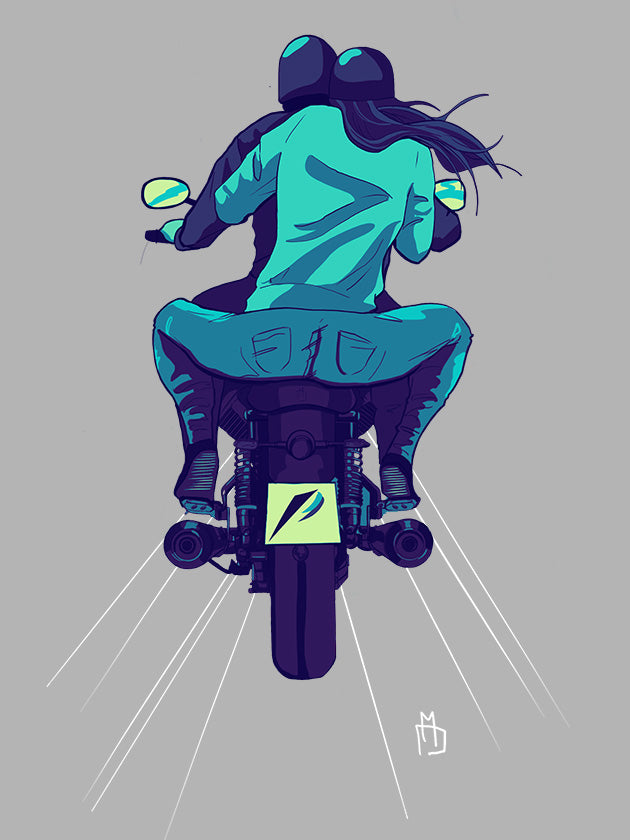 Hand-Drawn Illustration of two friends on a motorbike