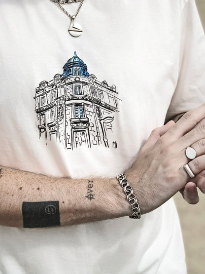 off white T-shirt with hand-drawn Leeds cityscape made from real original photography