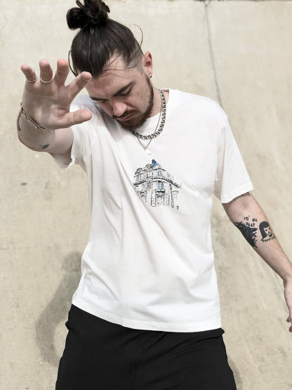 off white T-shirt with hand-drawn Leeds cityscape made from real original photography