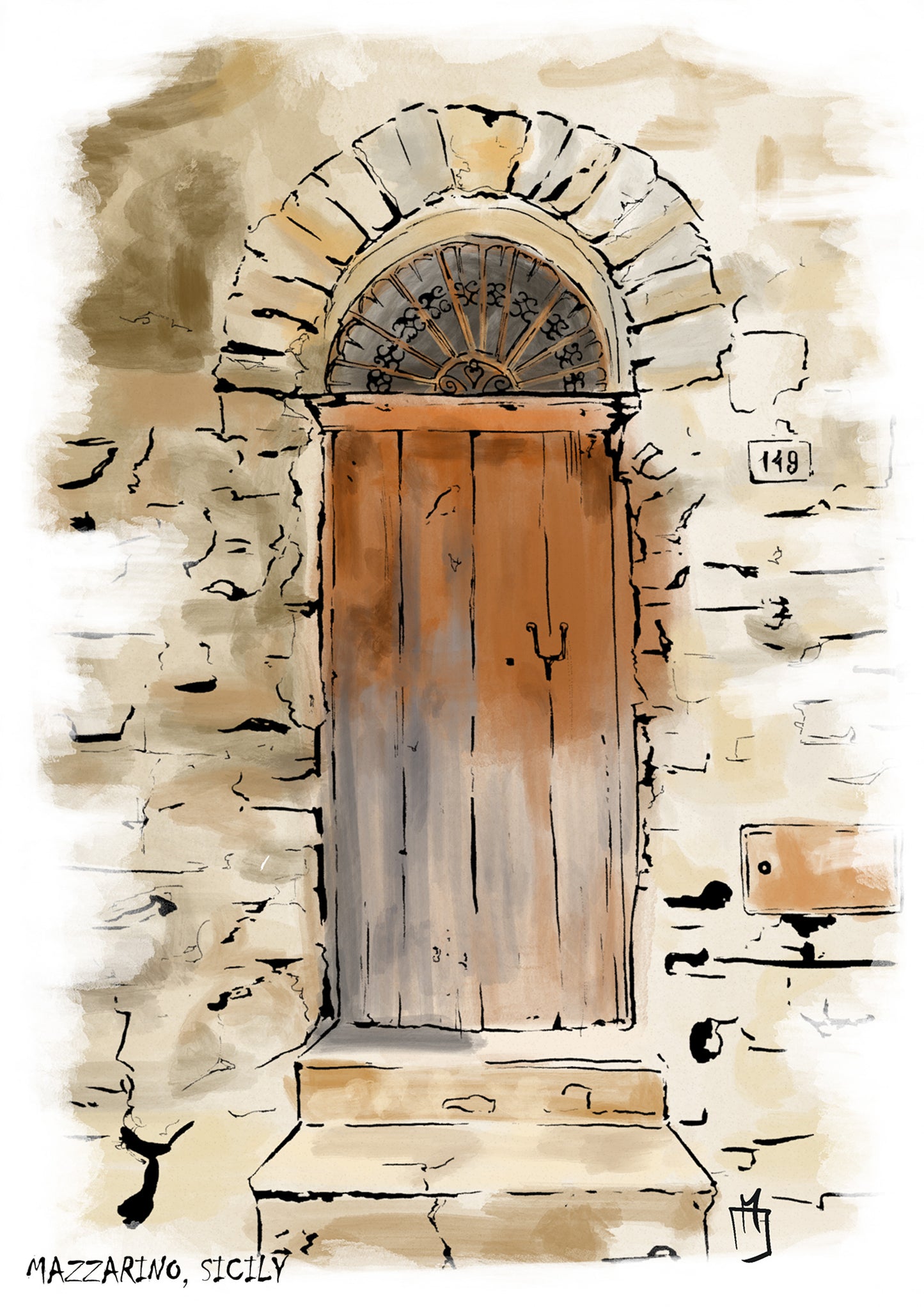 illustration of a 100-year-old door in a Sicilian village